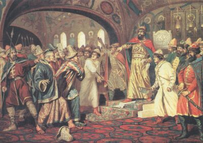 Иван III разрывает ханскую грамоту и басту перед татарскими послами (Автор: Кившенко А.)