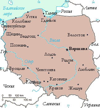 На карте Польши показан г. Вроцлав – историческая столица Силезии 